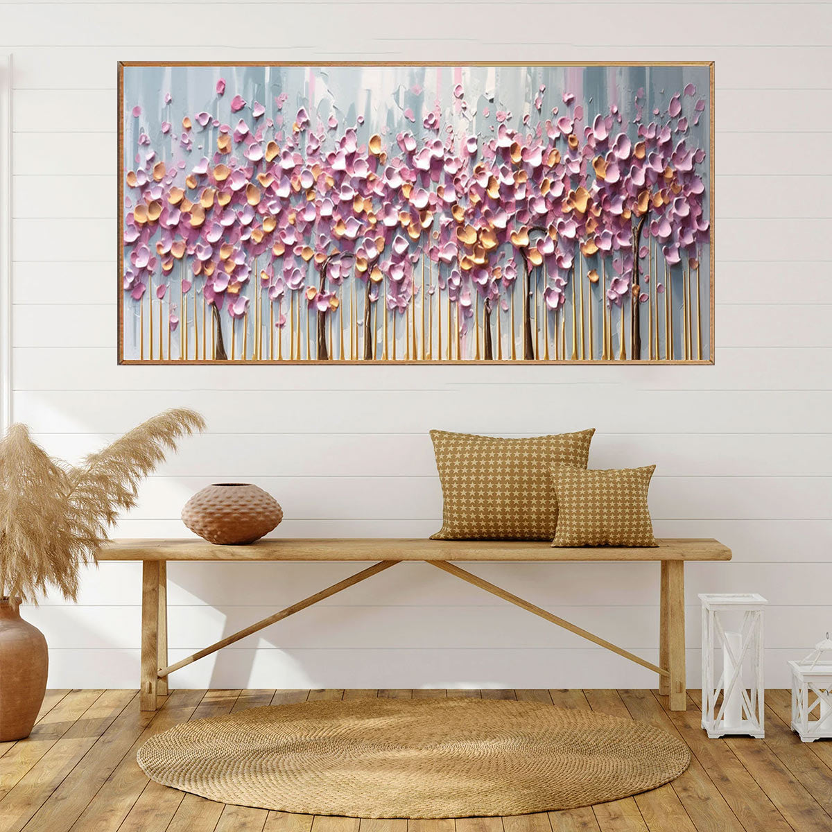 ROSEWOOD DAWN: Textured Floral Landscape Oil Painting in Pink