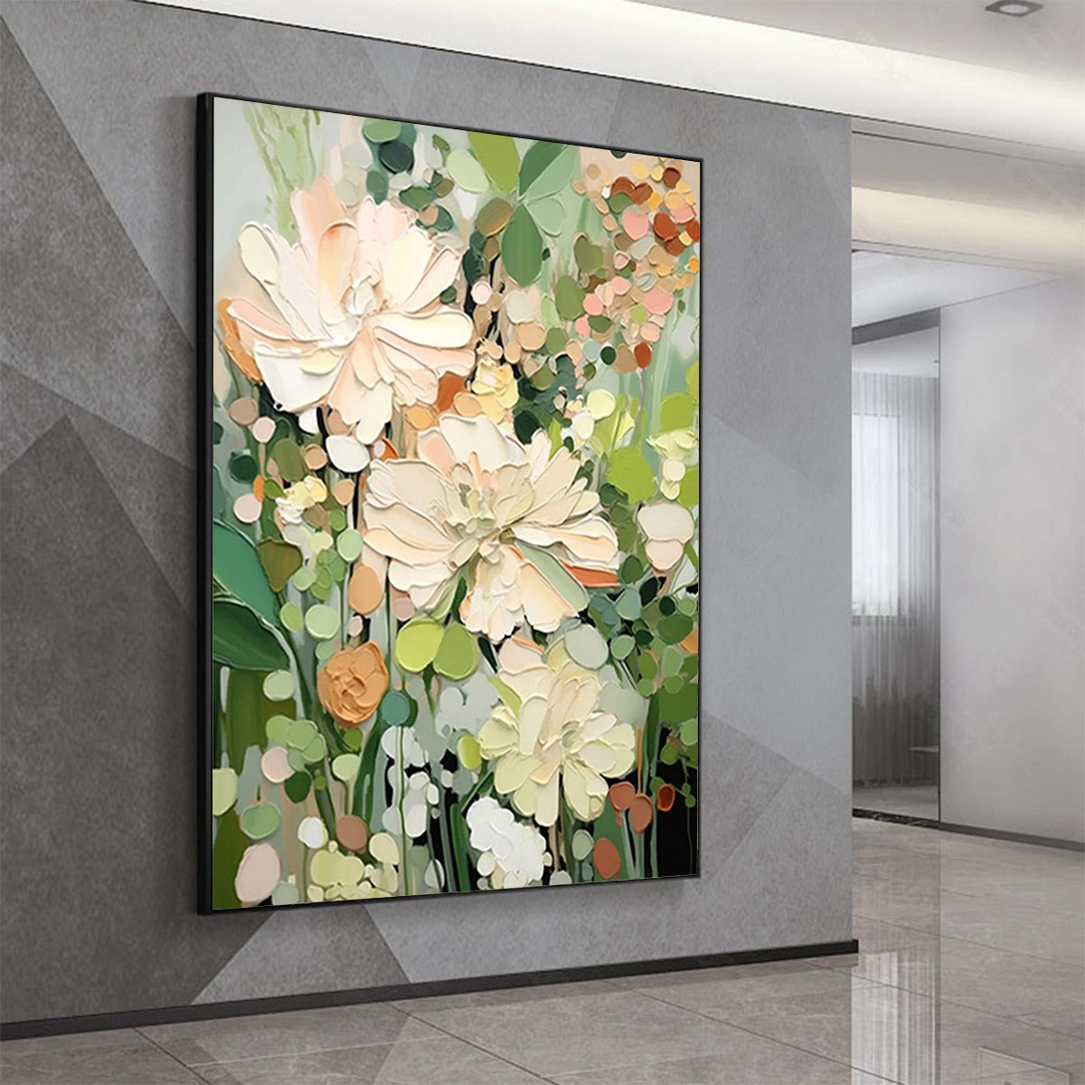BLUSHING BLOOMS: Textured Floral Painting, Impasto Palette Knife, Vertical Canvas, Modern Floral Wall Art