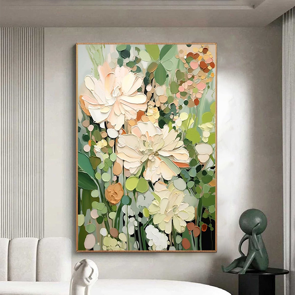 BLUSHING BLOOMS: Textured Floral Painting, Impasto Palette Knife, Vertical Canvas, Modern Floral Wall Art