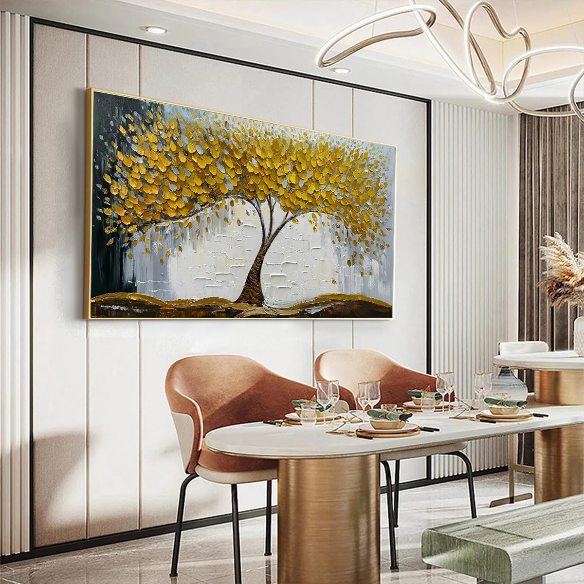 GOLDEN SANCTUARY: Textured Golden Tree Oil Painting on Canvas