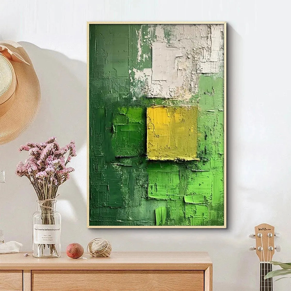 Isabella Rossi textured abstract painting, green and yellow, vertical modern art for decor. Featuring vibrant color contrast.