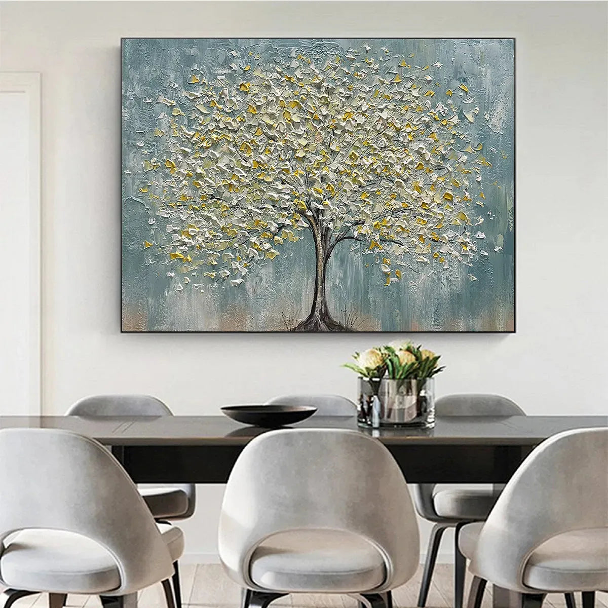 GOLDEN BLOOM: Textured Impasto Tree Painting in White and Gold