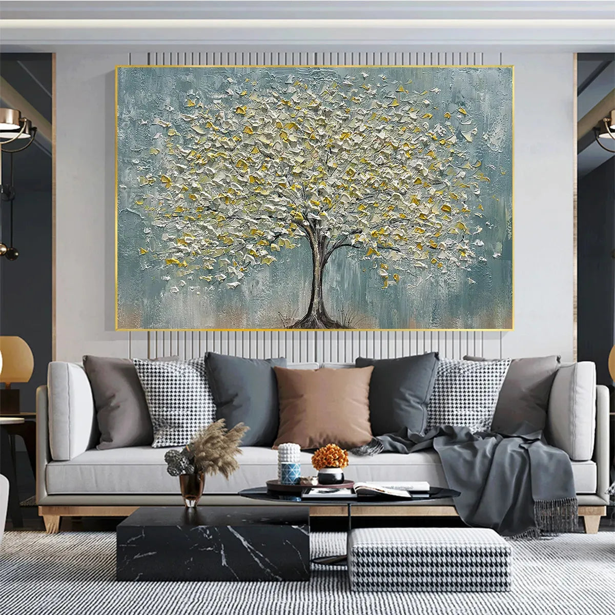 GOLDEN BLOOM: Textured Impasto Tree Painting in White and Gold