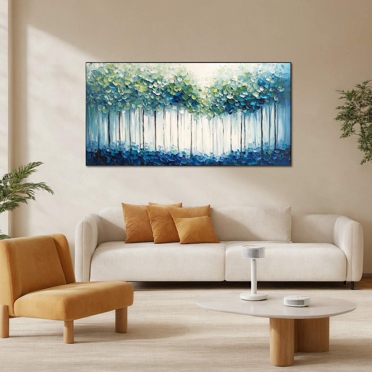 Forest Whispers: Original Textured Panoramic Oil Painting - Blue