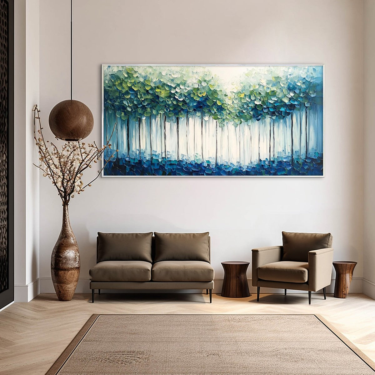Forest Whispers: Original Textured Panoramic Oil Painting - Blue