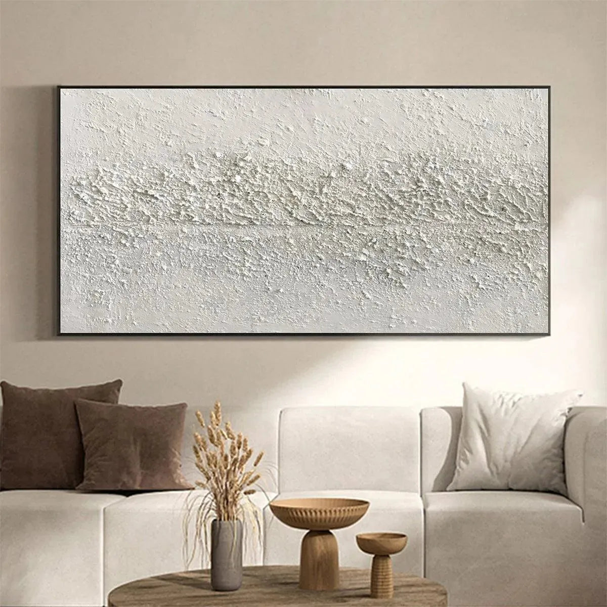 Textured Whispers, minimalist abstract painting by Javier Ramirez, white textured art, black frame, modern decor