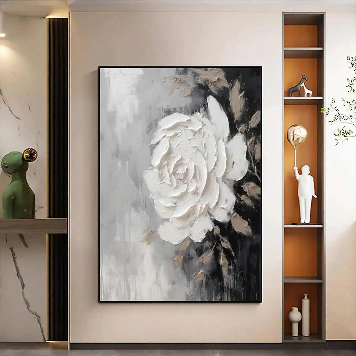 Textured White Rose Impasto Painting by Isabella Rossi, square wall art, 3D floral design, neutral palette decor