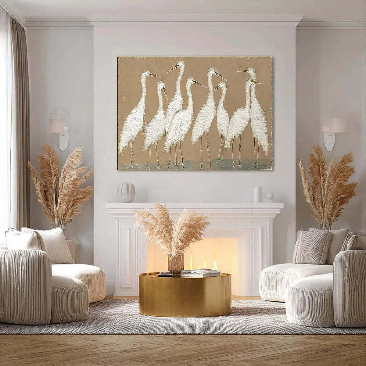The Gathering: Beige Wabi Sabi Egret Flock Oil Painting on Canvas
