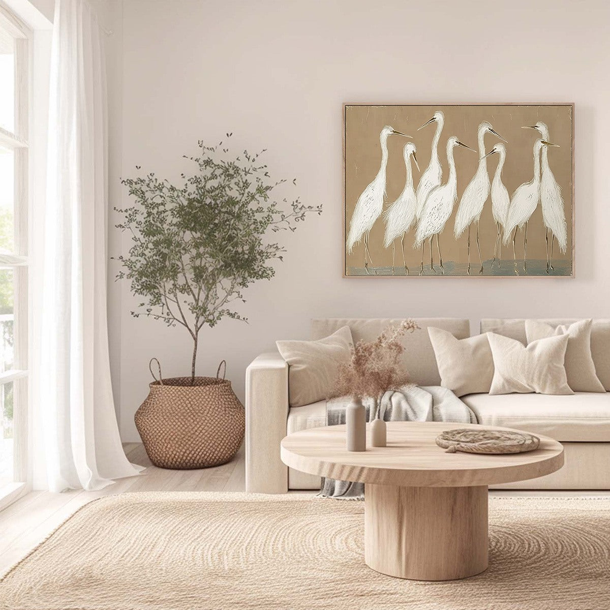 The Gathering: Beige Wabi Sabi Egret Flock Oil Painting on Canvas