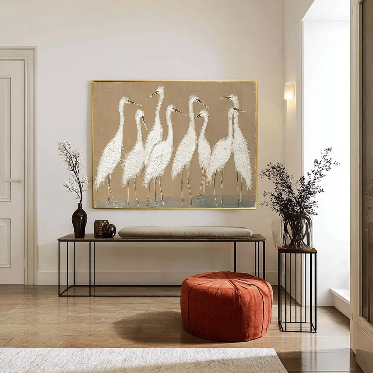 The Gathering: Beige Wabi Sabi Egret Flock Oil Painting on Canvas