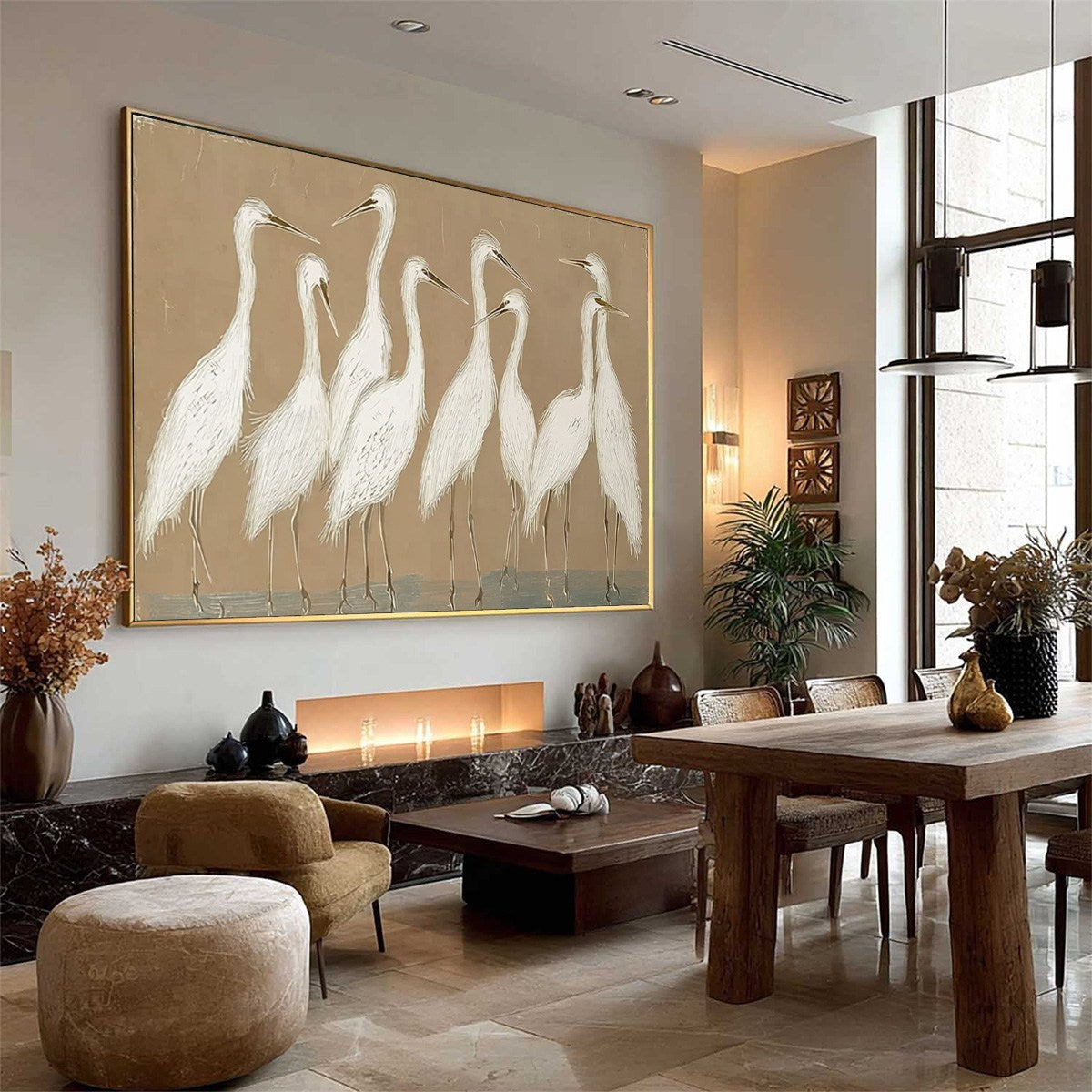 The Gathering: Beige Wabi Sabi Egret Flock Oil Painting on Canvas