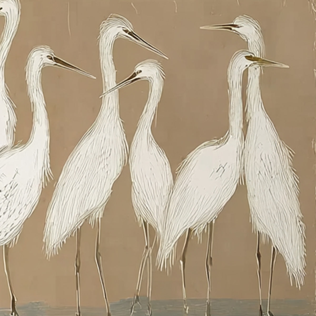 The Gathering: Beige Wabi Sabi Egret Flock Oil Painting on Canvas