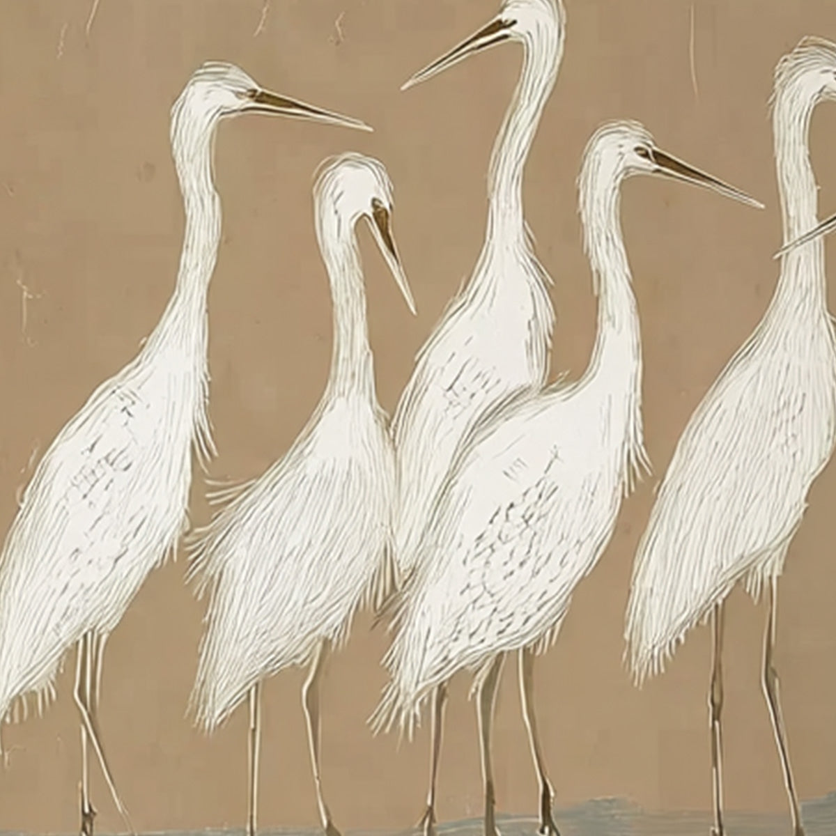 The Gathering: Beige Wabi Sabi Egret Flock Oil Painting on Canvas