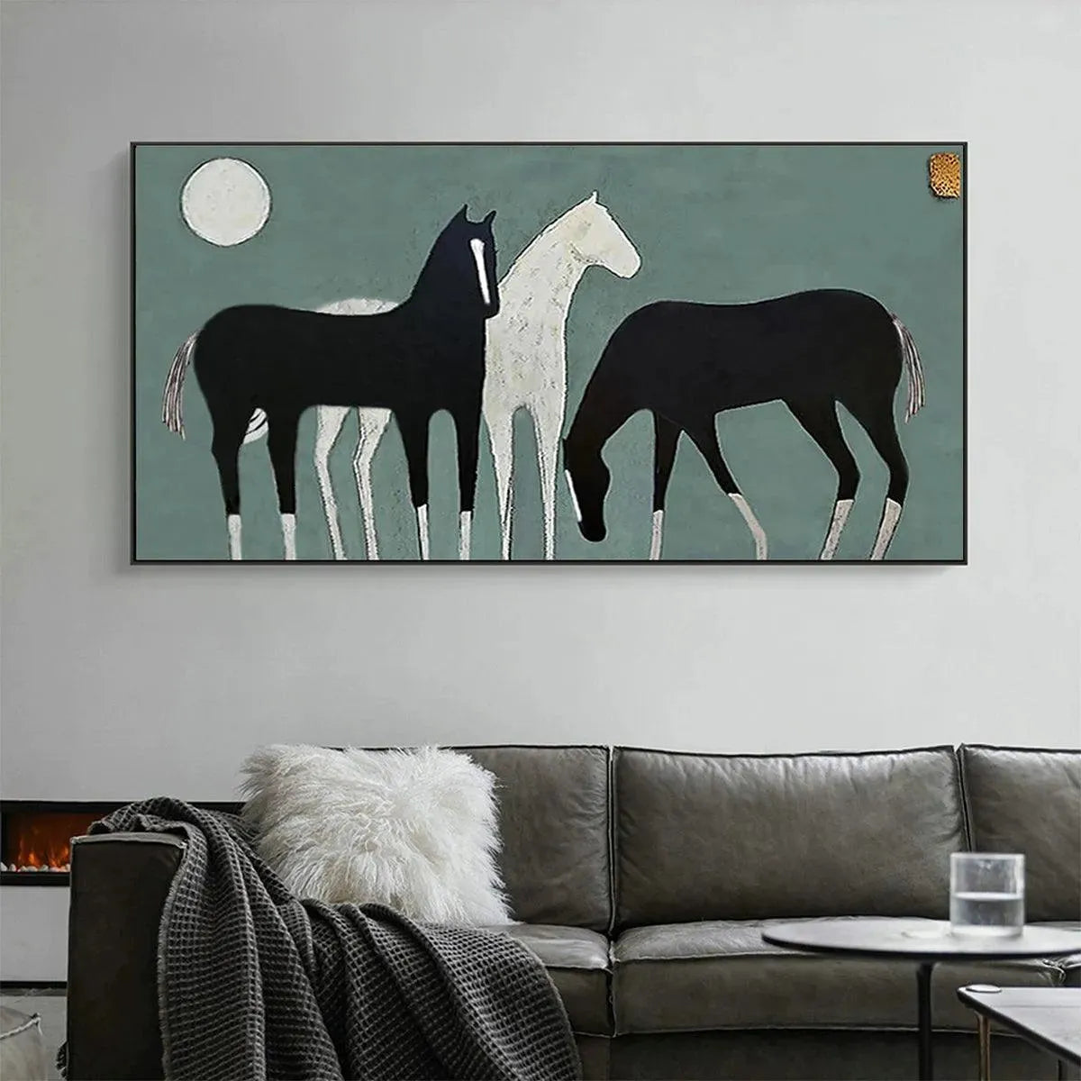 Three Horses Under the Moon minimalist panoramic painting by Javier Ramirez. Black, white, and teal modern wall art.