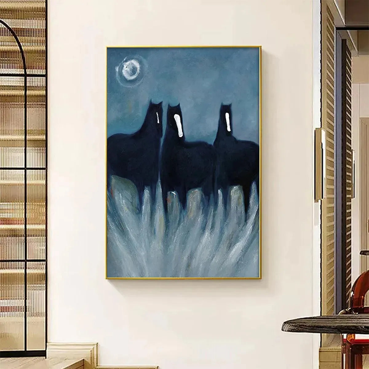 Javier Ramirez 'Three Horses at Night' minimalist painting, vertical wall art with three black horses and a moon, gold frame.