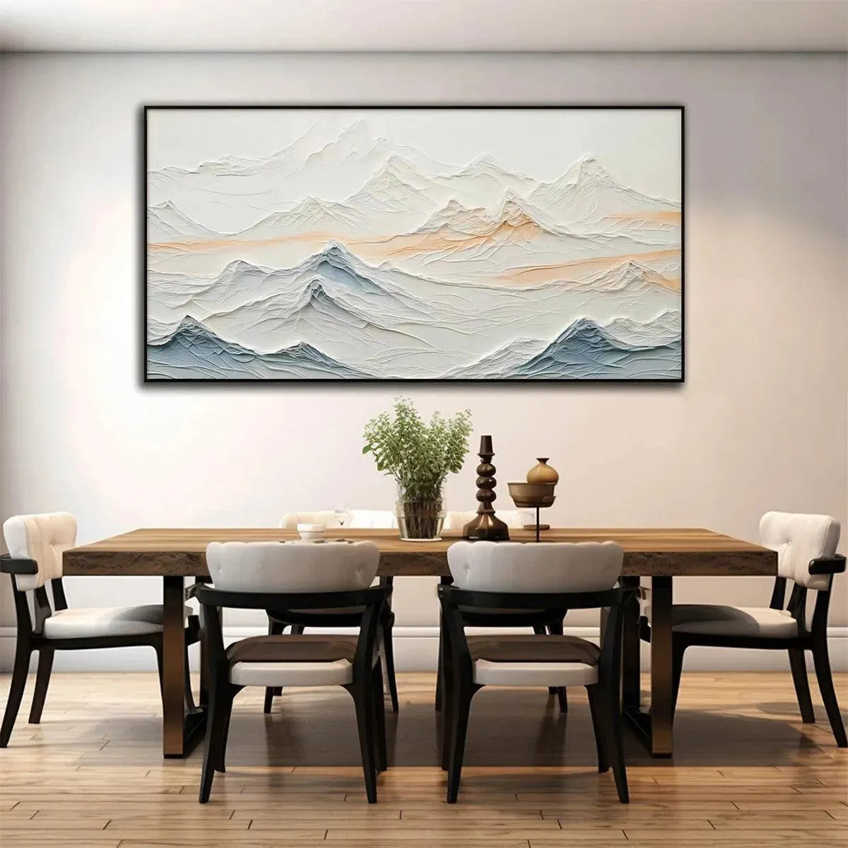 Chen Liu's Tranquil Peaks abstract mountain landscape painting, beige, blue, orange, framed