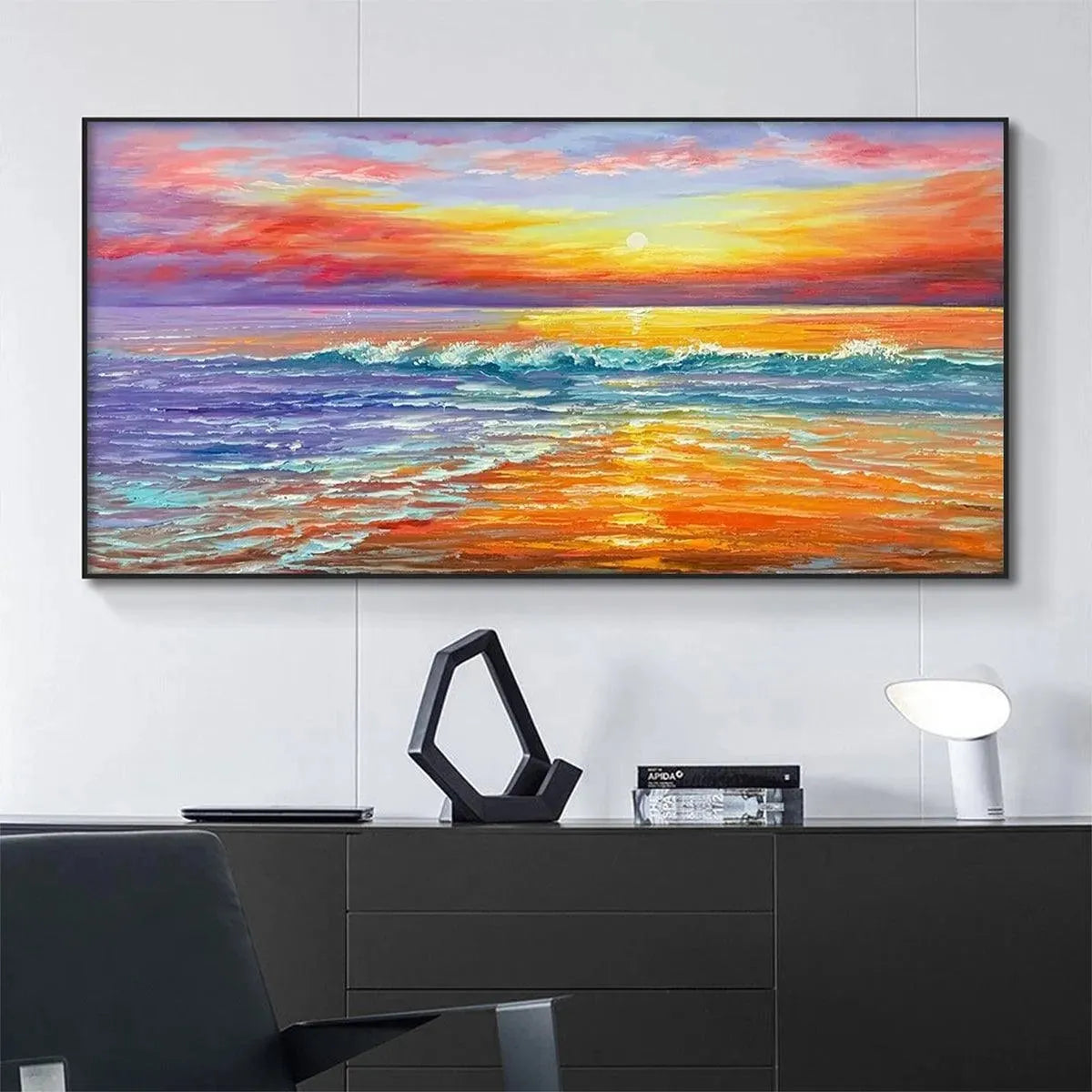 Tropical Sunset Beach original oil painting - vibrant coastal wall art above modern black credenza.
