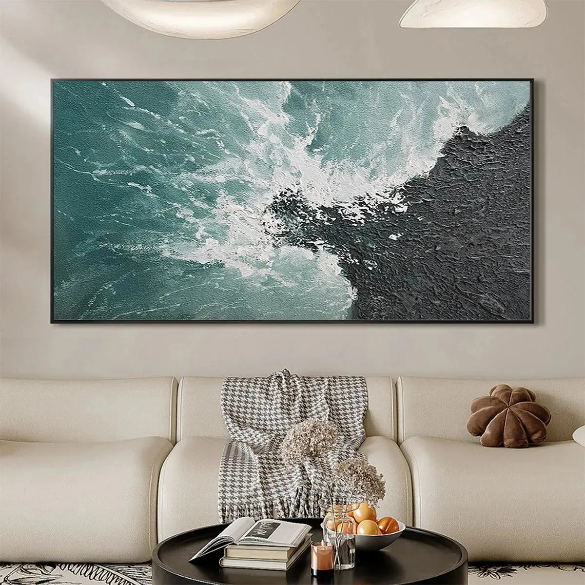 TURQUOISE CRASH abstract seascape painting by Liam O'Connell, teal and black textured waves, framed artwork.