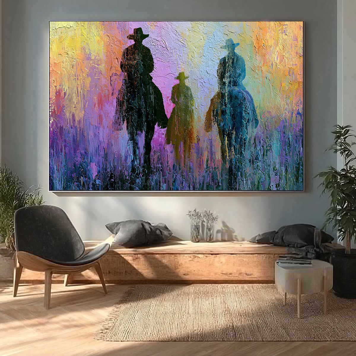 Twilight Posse: Textured Cowboy & Horse Oil Painting Wall Art
