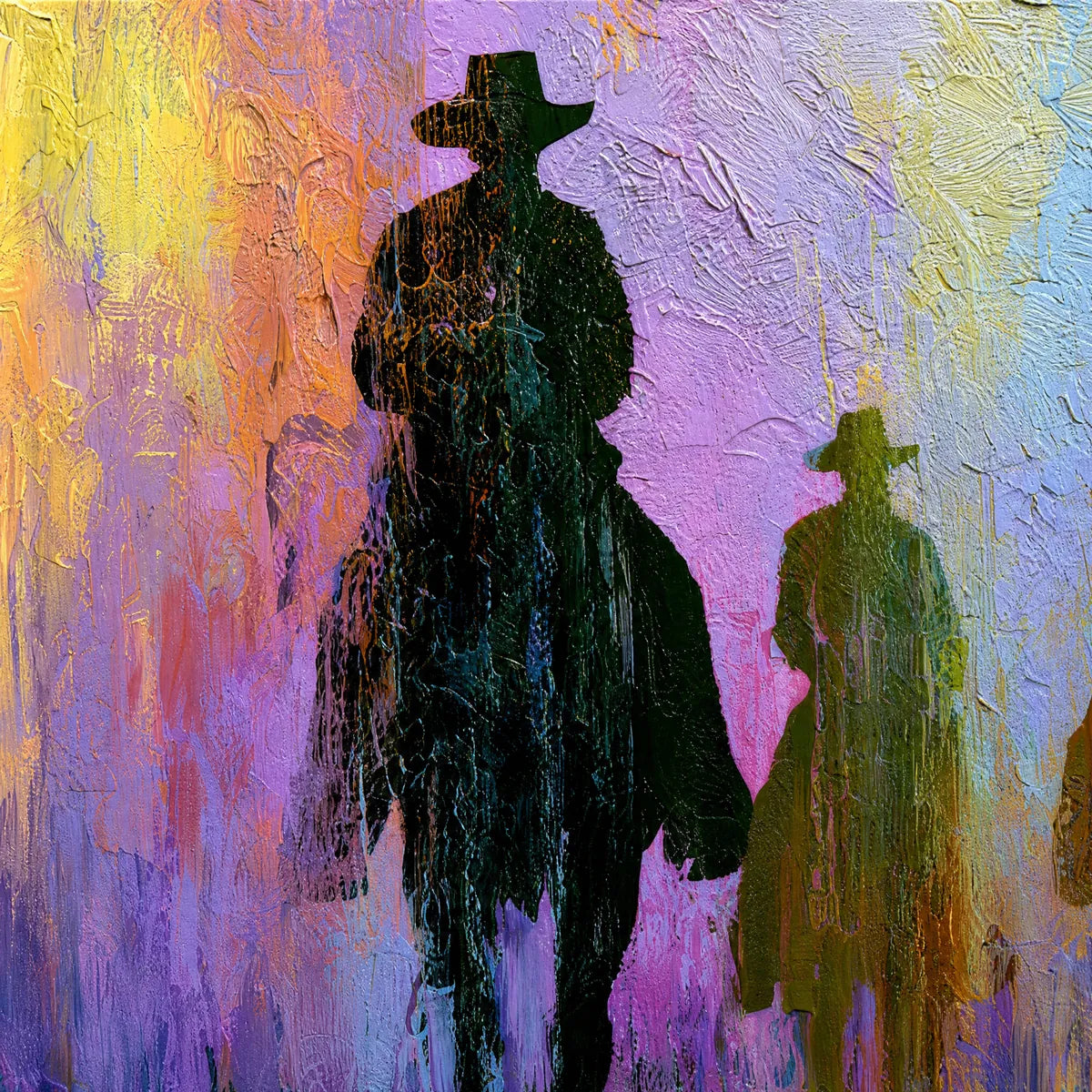 Textured cowboy and horse oil painting wall art with silhouetted riders in colorful twilight