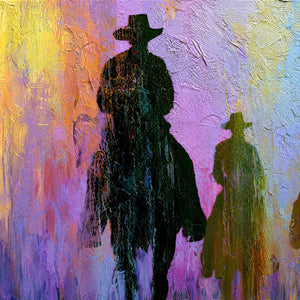 Textured cowboy and horse oil painting wall art with silhouetted riders in colorful twilight