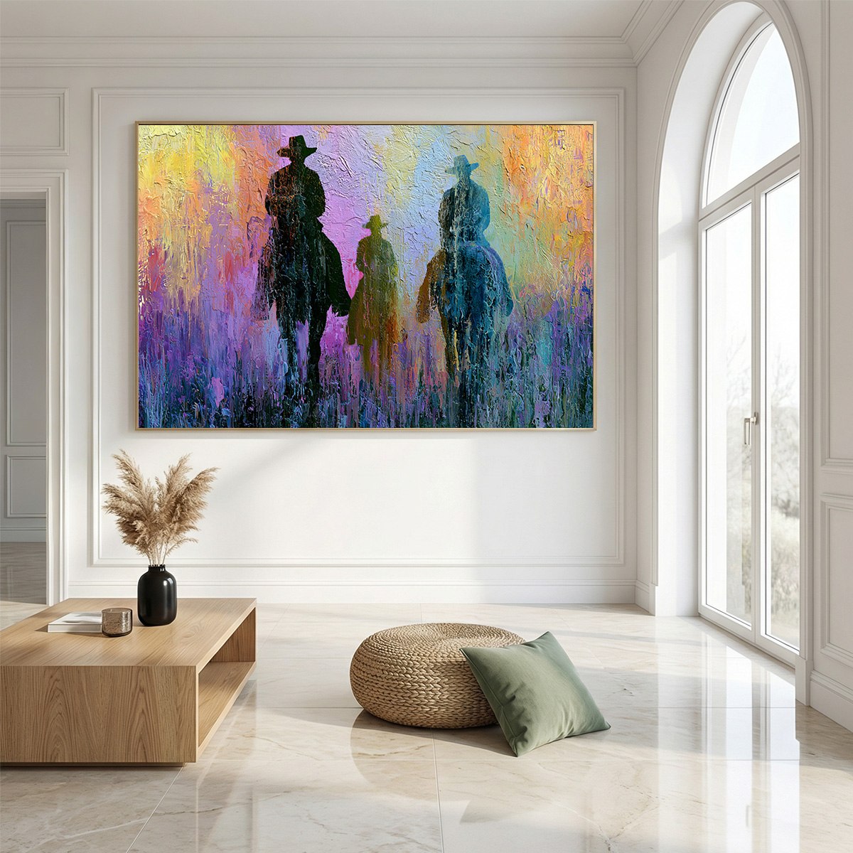 Twilight Posse: Textured Cowboy & Horse Oil Painting Wall Art