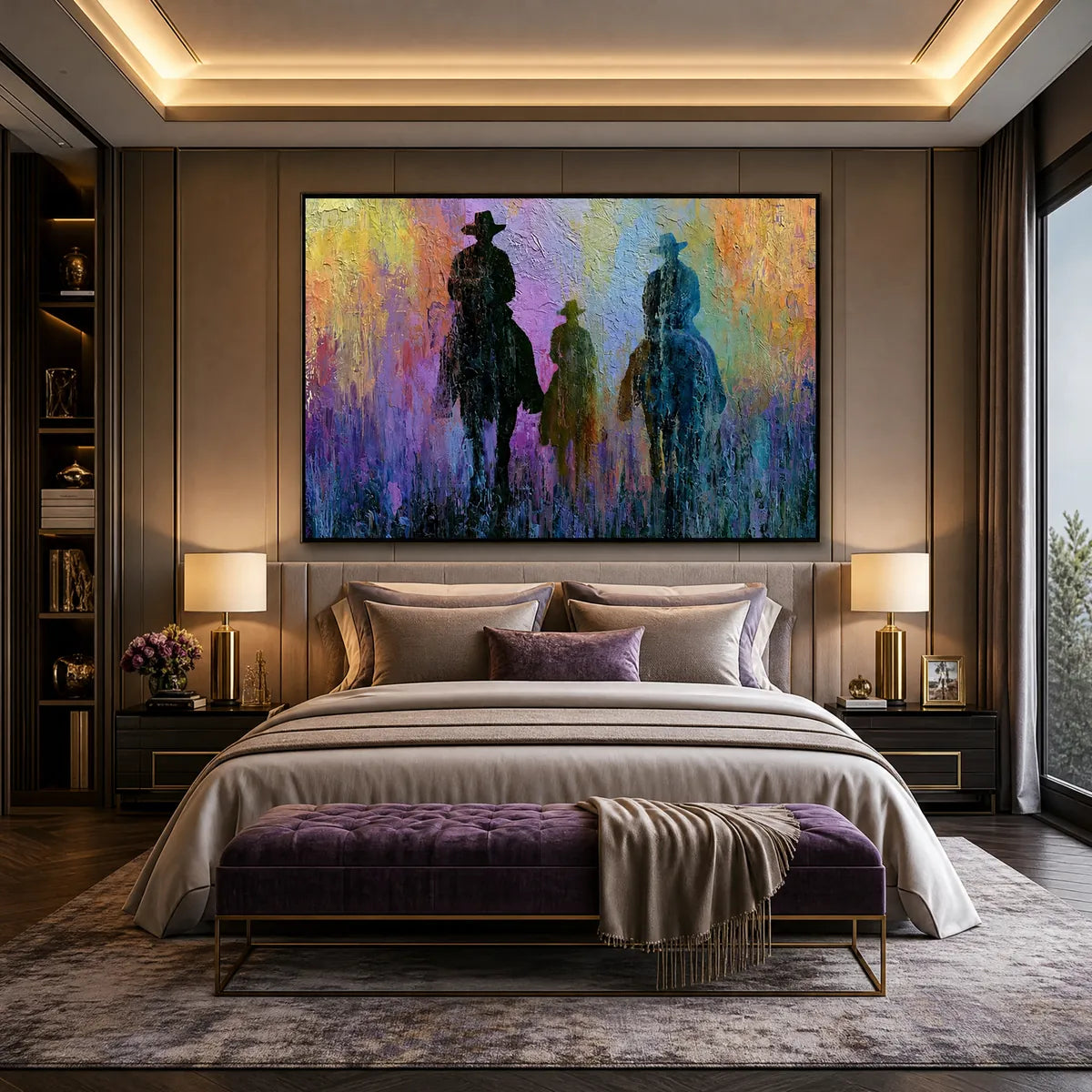 Textured cowboy and horse oil painting wall art above a luxury bedroom bed
