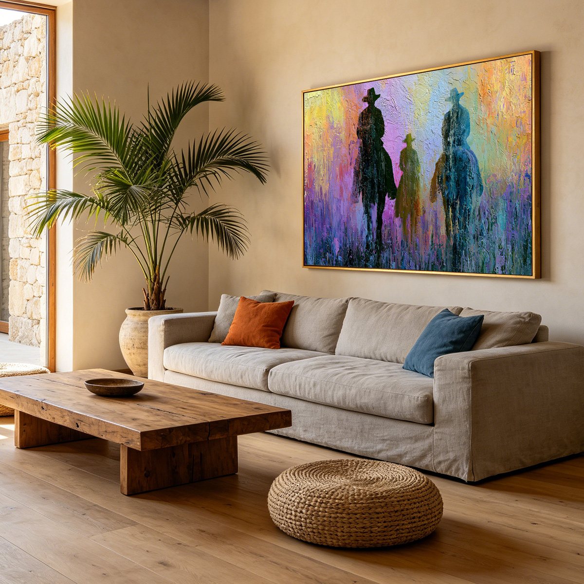 Twilight Posse: Textured Cowboy & Horse Oil Painting Wall Art