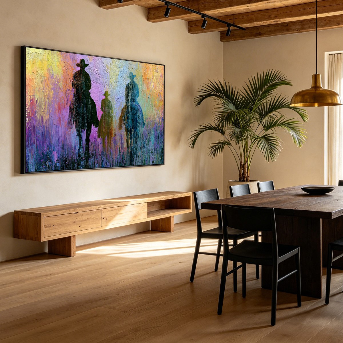 Twilight Posse: Textured Cowboy & Horse Oil Painting Wall Art