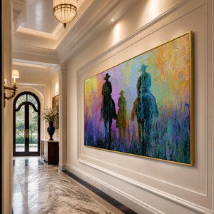 Textured cowboy and horse oil painting wall art in colorful abstract hallway decor