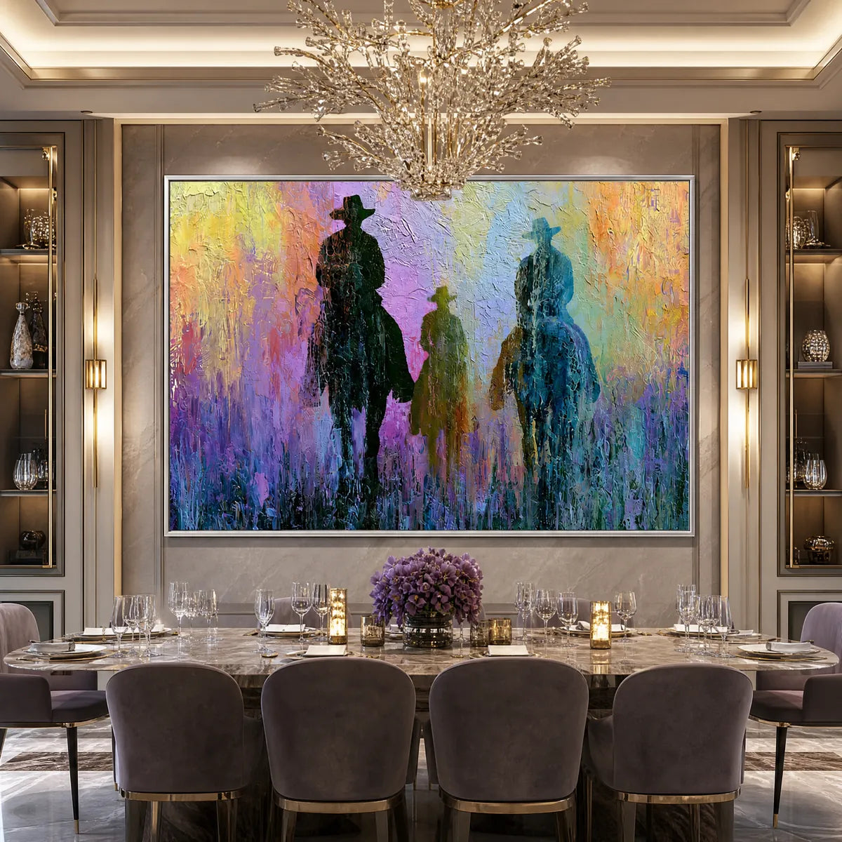 Textured oil painting of three cowboys on horseback in colorful twilight wall art