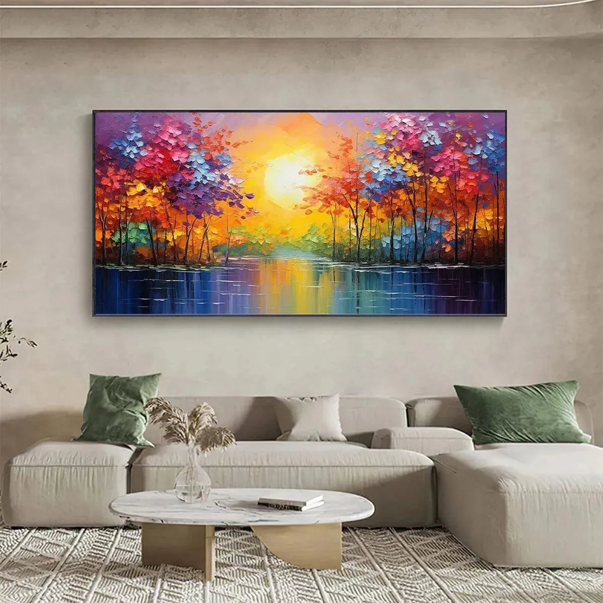 Vibrant 'Twilight Reflections' landscape painting with colorful trees and water, integrated into a modern living room.