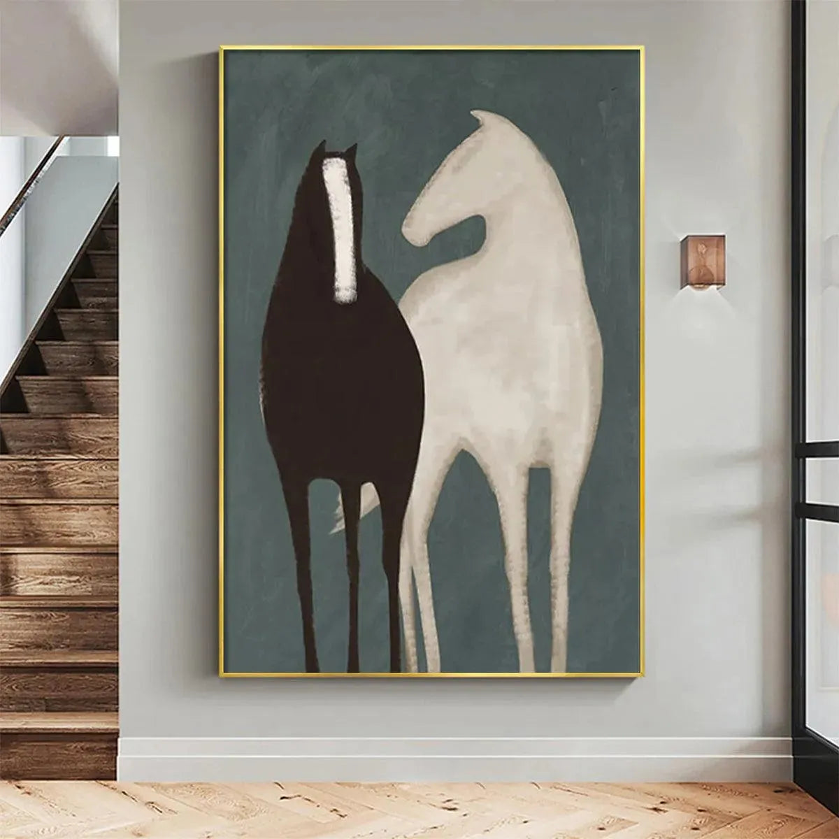 Two Horses minimalist art by Javier Ramirez. Black and white horse silhouettes against a teal background, framed wall art.