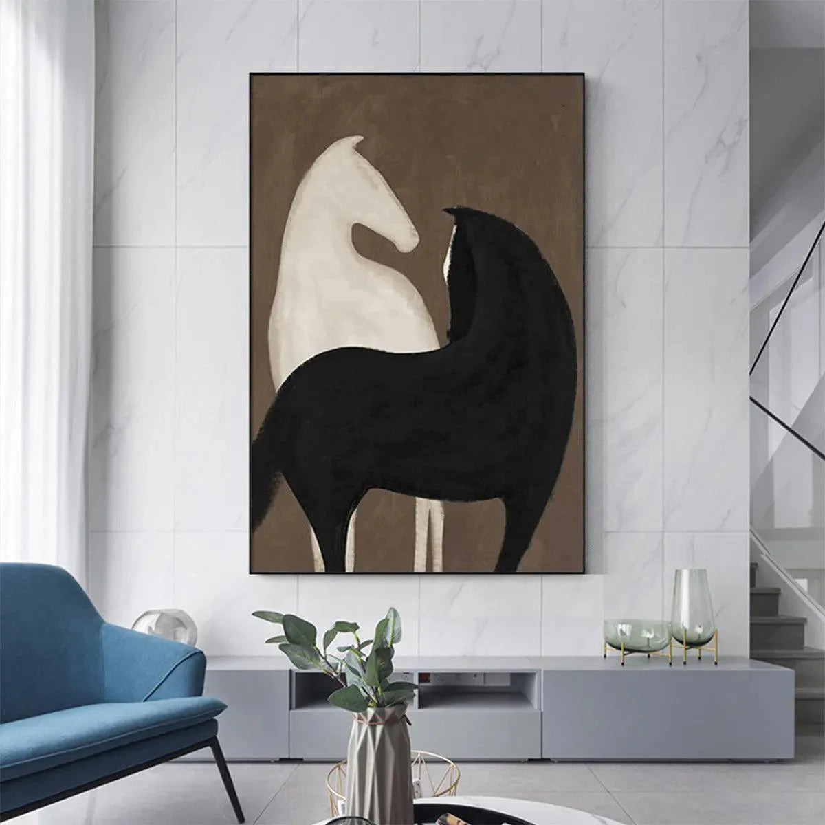 Javier Ramirez 'Two Horses on Brown' minimalist horse art, black and white painting, vertical wall art.