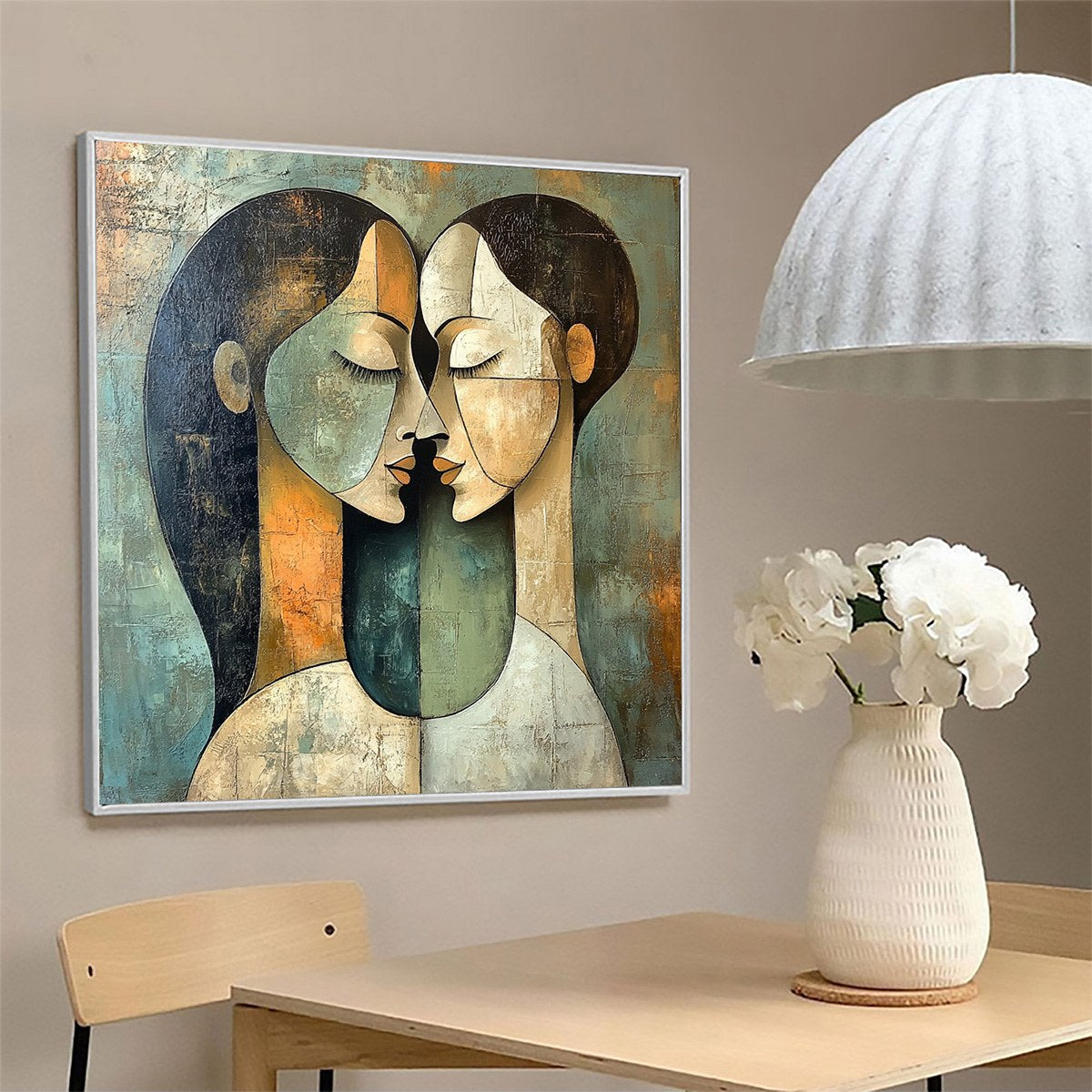 Unity: Original Textured Abstract Portrait Oil Painting - Figurative Square Wall Art Couple Connection