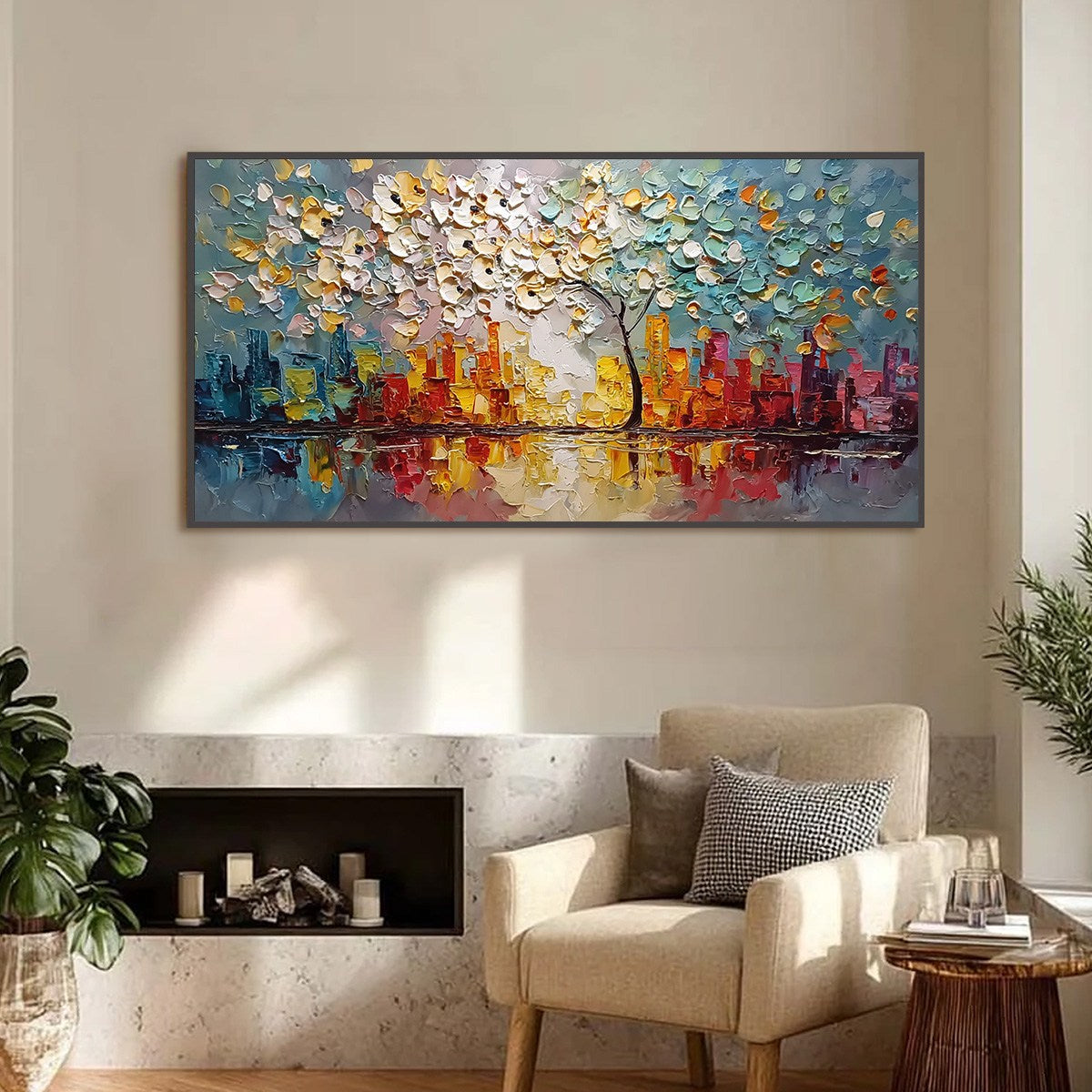 URBAN BLOSSOM: Textured Palette Knife Cityscape Reflection Painting