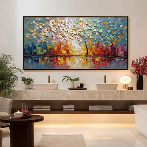 URBAN BLOSSOM: Textured Palette Knife Cityscape Reflection Painting