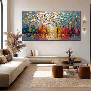 URBAN BLOSSOM: Textured Palette Knife Cityscape Reflection Painting