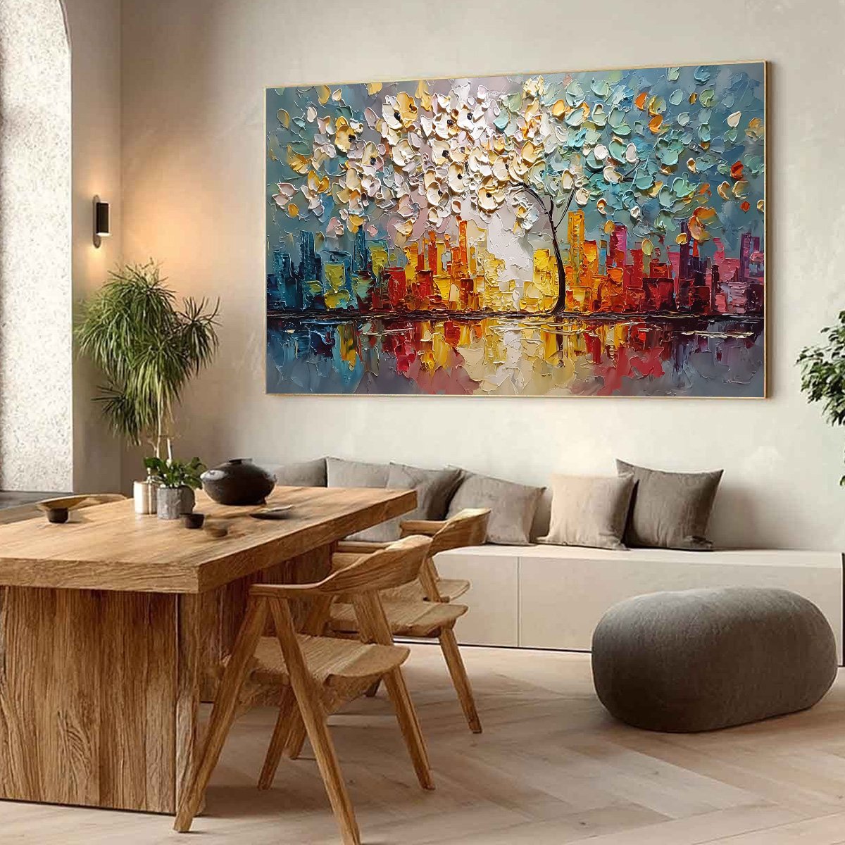 URBAN BLOSSOM: Textured Palette Knife Cityscape Reflection Painting