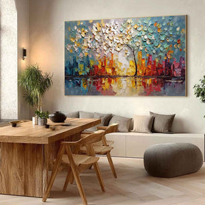 URBAN BLOSSOM: Textured Palette Knife Cityscape Reflection Painting