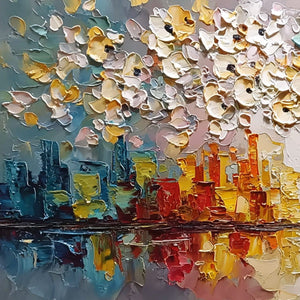 URBAN BLOSSOM: Textured Palette Knife Cityscape Reflection Painting