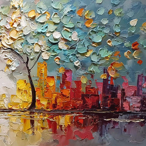 URBAN BLOSSOM: Textured Palette Knife Cityscape Reflection Painting