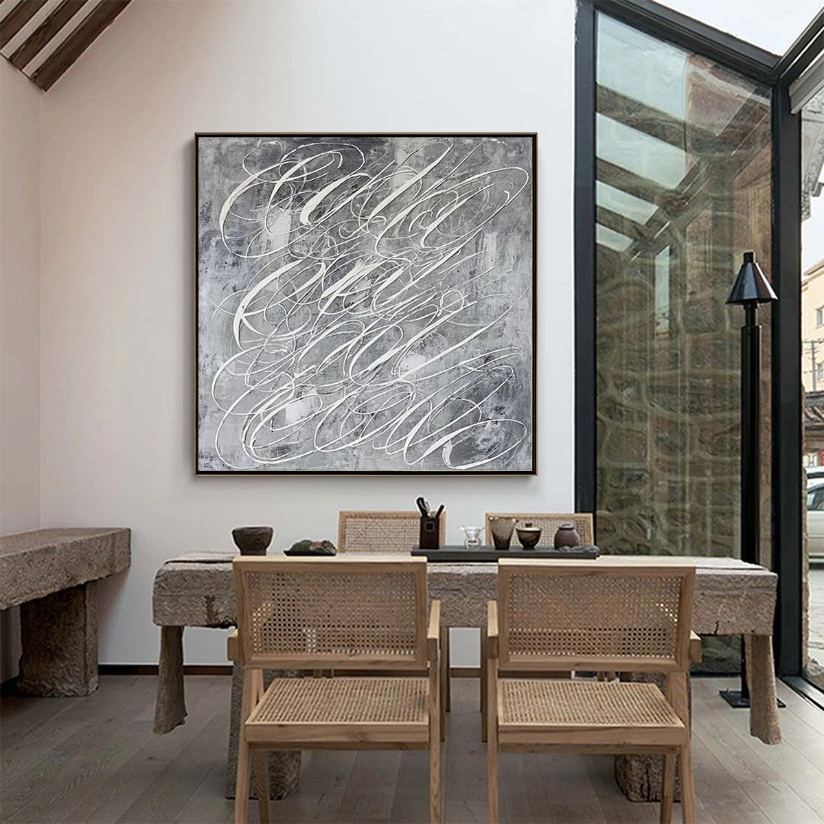 Urban Calligraphy | Textured Grey Abstract Square Oil Painting