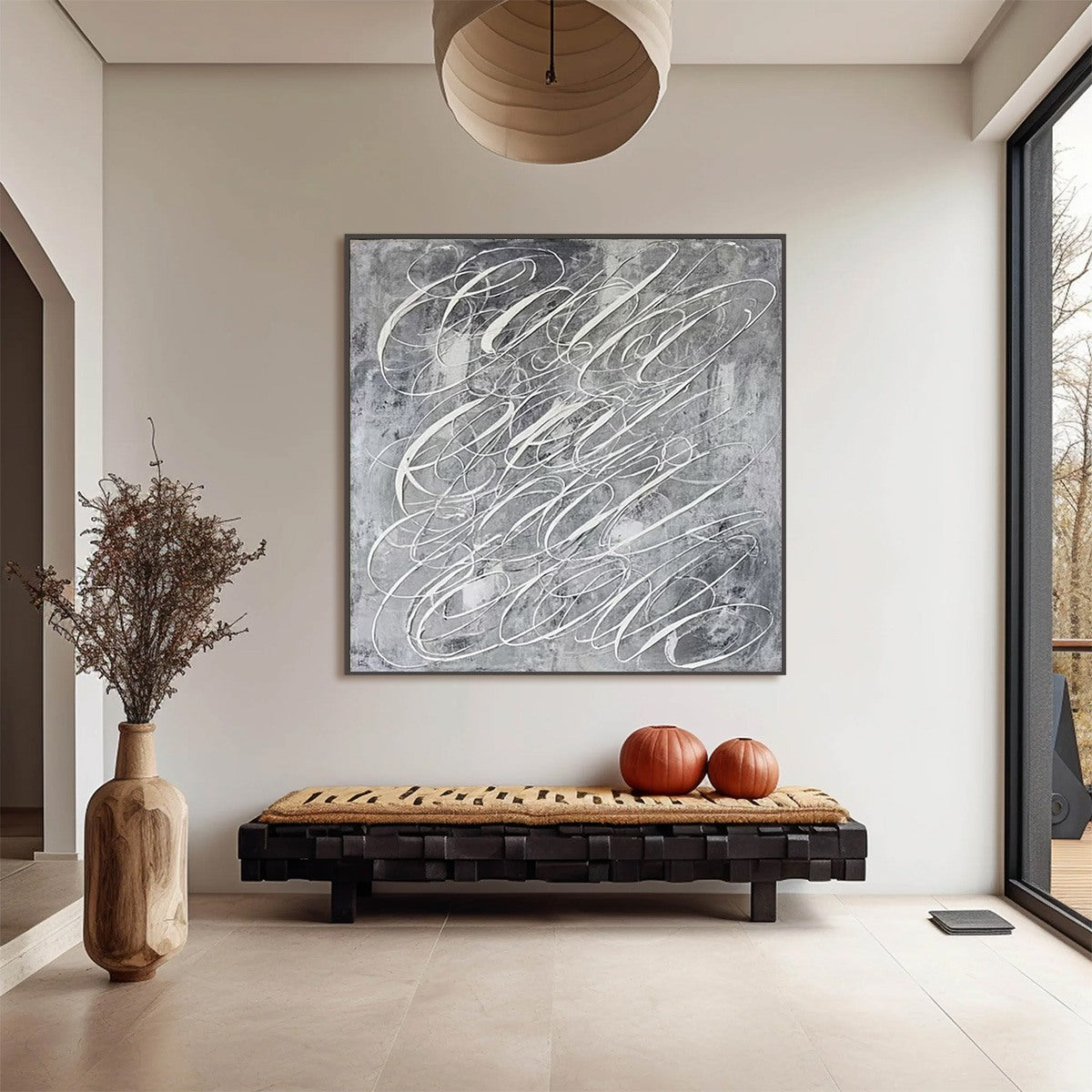 Urban Calligraphy | Textured Grey Abstract Square Oil Painting