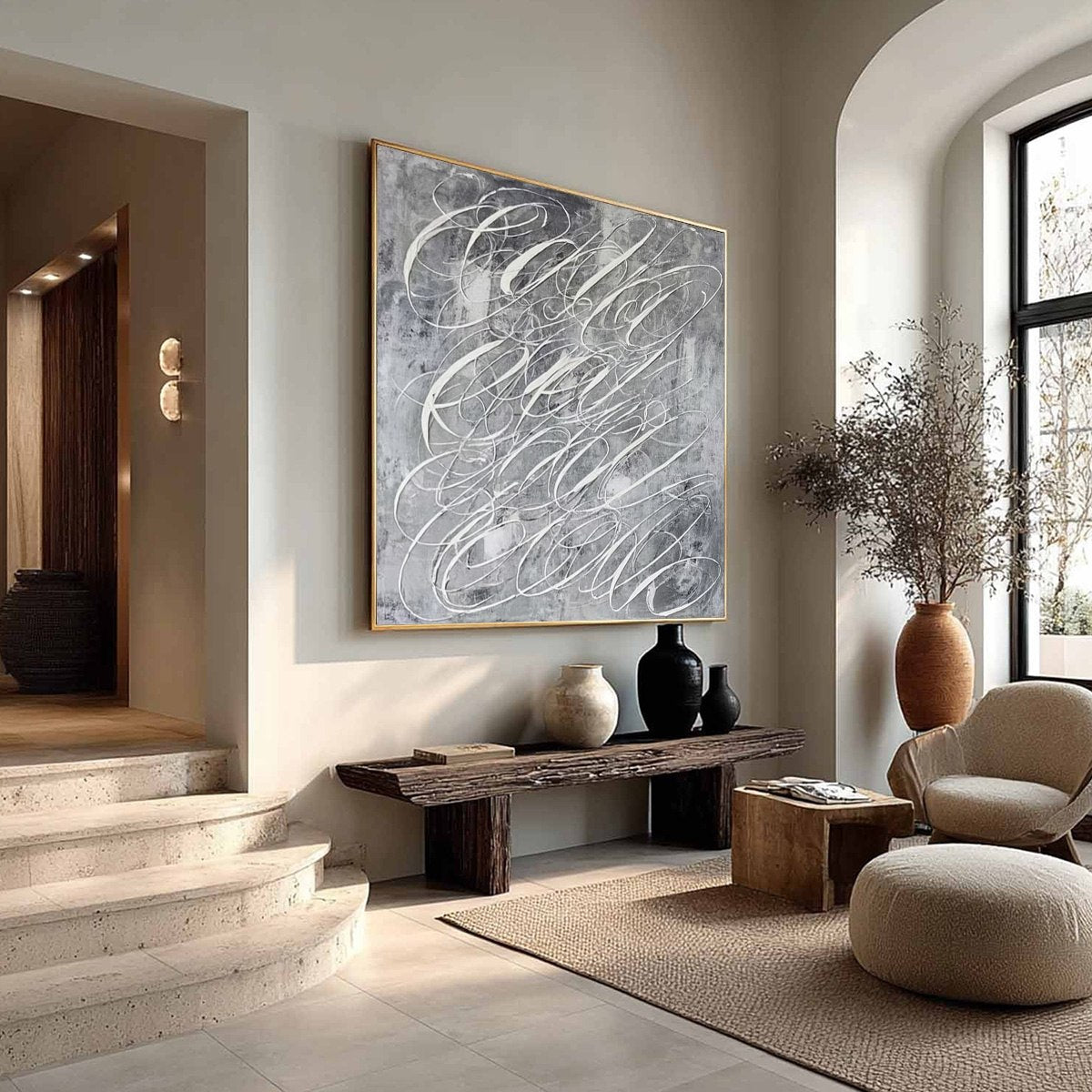 Urban Calligraphy | Textured Grey Abstract Square Oil Painting