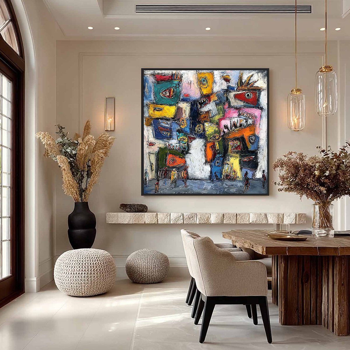 URBAN CARNIVAL: Large Colorful Textured Abstract Cityscape Painting