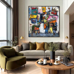 URBAN CARNIVAL: Large Colorful Textured Abstract Cityscape Painting