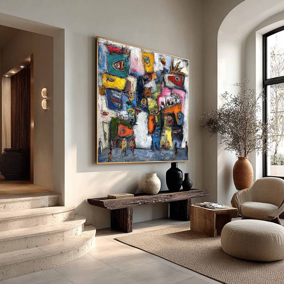 URBAN CARNIVAL: Large Colorful Textured Abstract Cityscape Painting