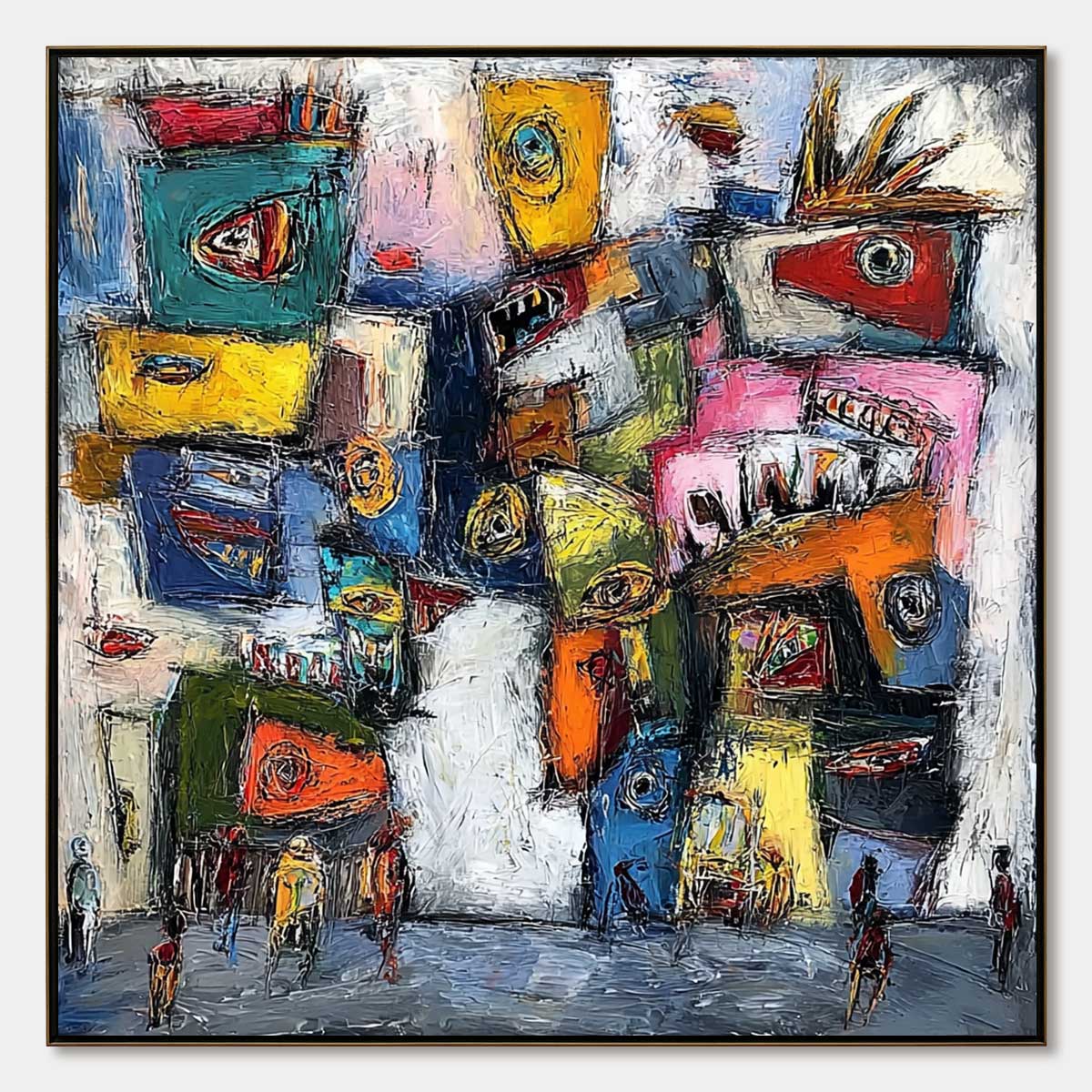 URBAN CARNIVAL: Large Colorful Textured Abstract Cityscape Painting