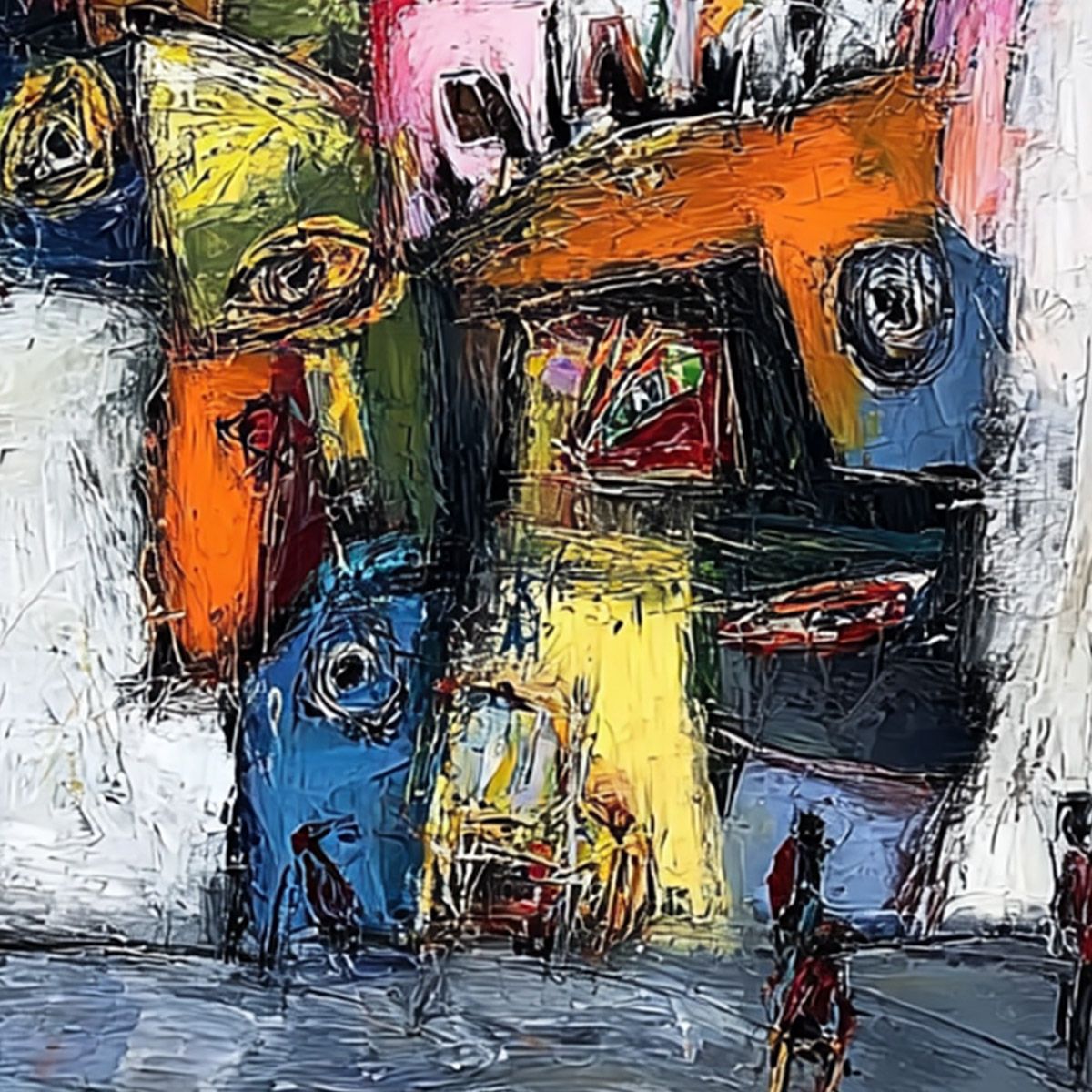 Urban Carnival: Colorful Textured Abstract Cityscape Oil Painting